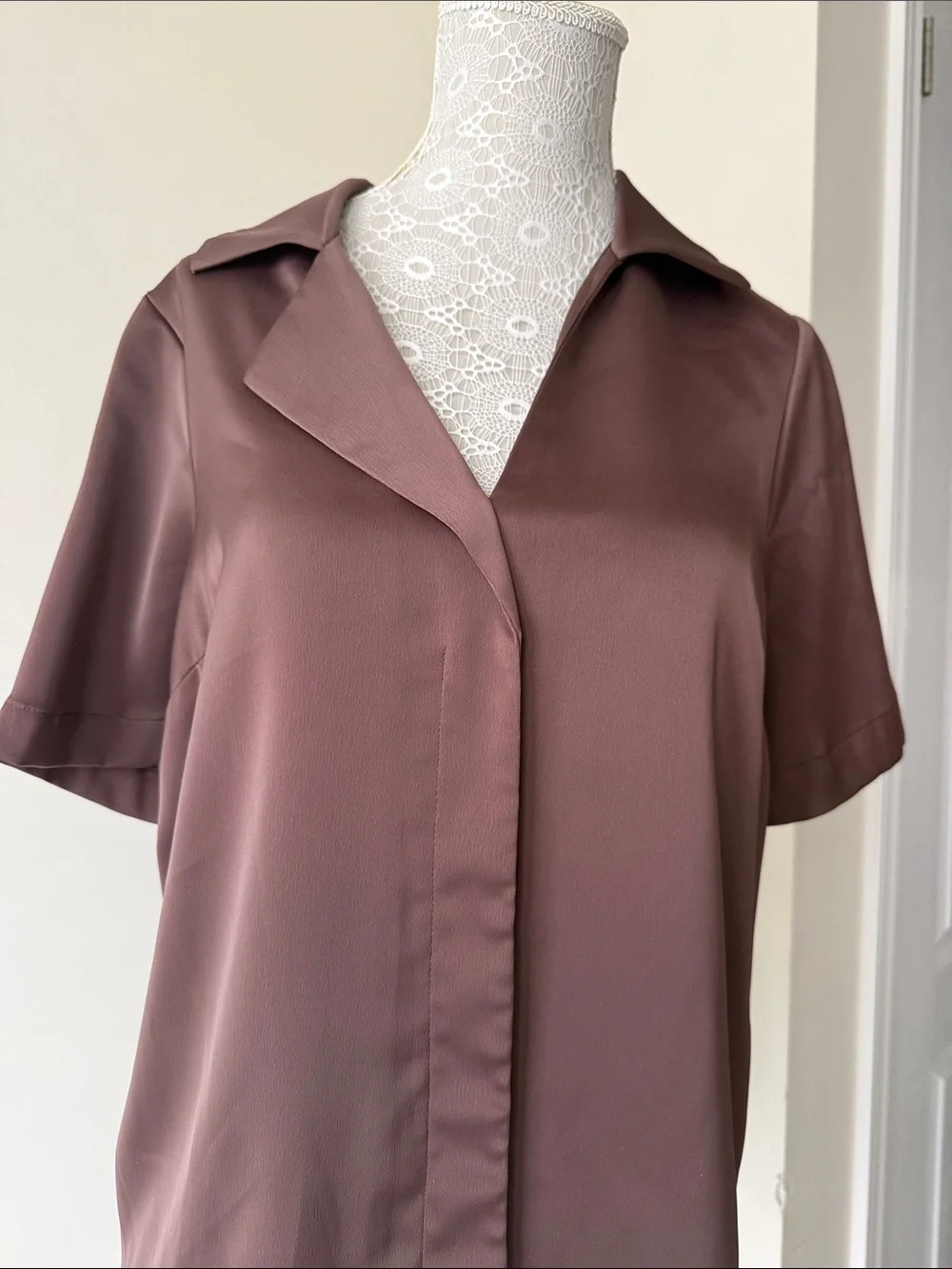 Satin Short Sleeve Button-Front Blouse in Mauve Brown - Picture 3 of 3